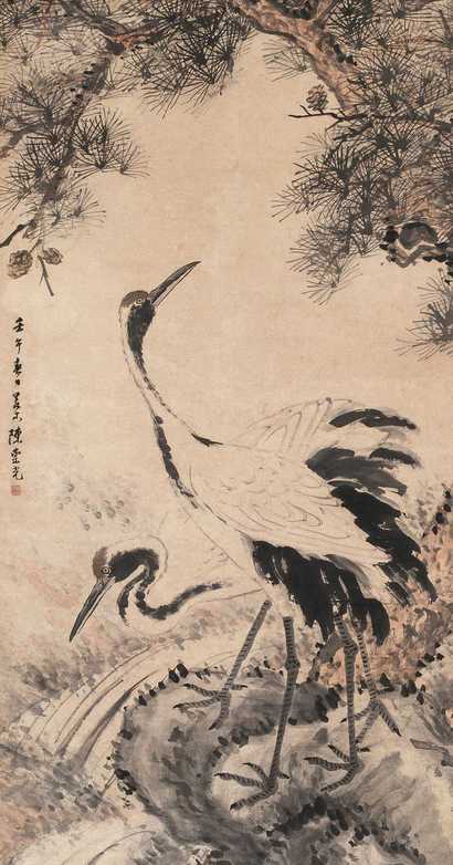 陈崇光 1882年作 松栖双鹤图 立轴